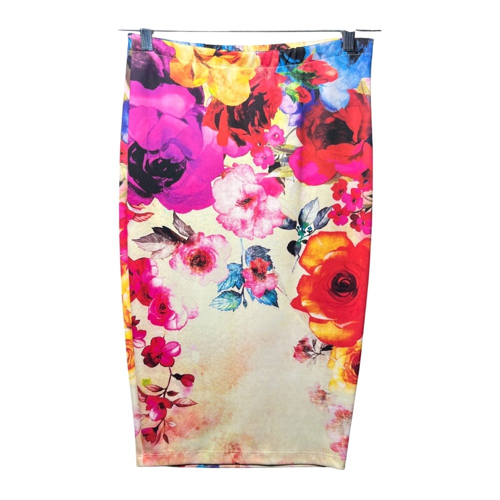 Material Girl Womens Floral Pencil Skirt Pink Red Orange Stretch Midi Size M
